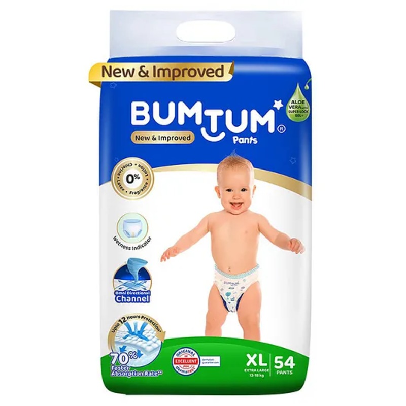 Bumtum Baby Diaper Pants with Double Layer Leakage Protection Infused With Aloe Vera, Cottony Soft High Absorb Technology  Extra Large – 54 Pieces