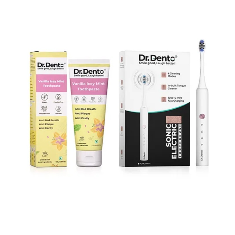 Dr.Dento Pro Sonic White Electric Toothbrush (Rechargeable) with Vanilla Icey Mint Flavoured Toothpaste (125g) | 4 Cleaning Modes | 30-Day Battery | Type-C Charging | Vegan Ingredients