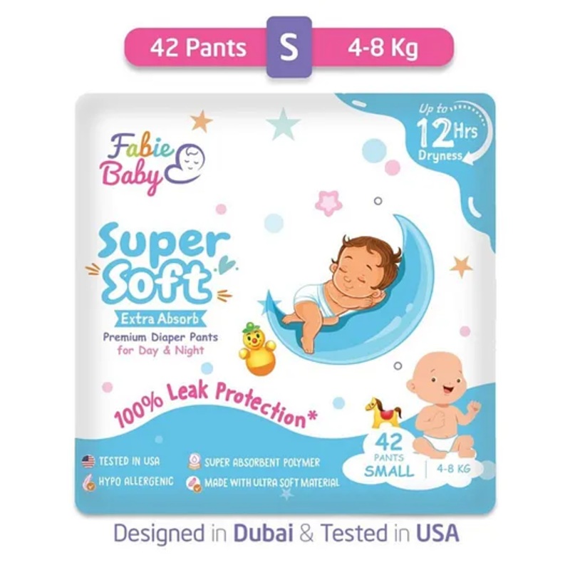 Fabie Baby Premium Diapers Small Size 12 Hours Absorption Anti Rash diapers & Tested In USA (42Pcs)