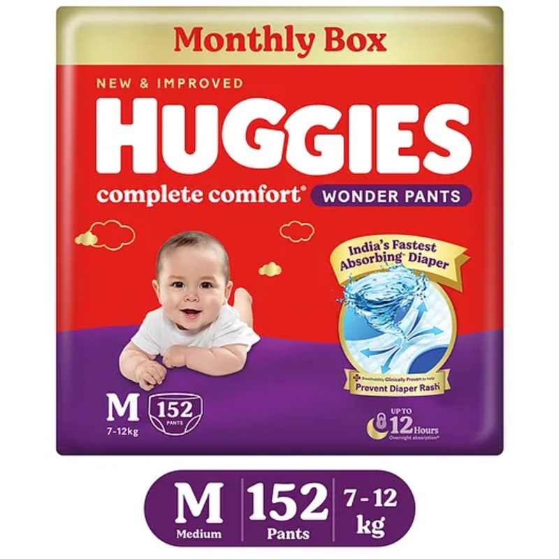 Huggies Complete Comfort Wonder Pants, India’s Fastest Absorbing Diaper | M Size, 152 Diapers