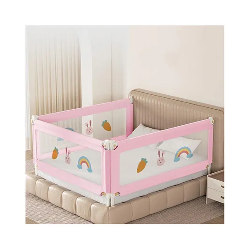 Kids Station Foldable Bed Rail Guard  3 Side, Pink (180 x 150 cm)  Adjustable Height Baby Safety Barrier for Queen Size Bed (6ft x 5ft, Basic)
