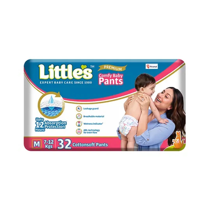 Little’s Comfy Baby Pants Diapers Medium Size with Wetness Indicator and 12 hours Absorption, M (32 count)