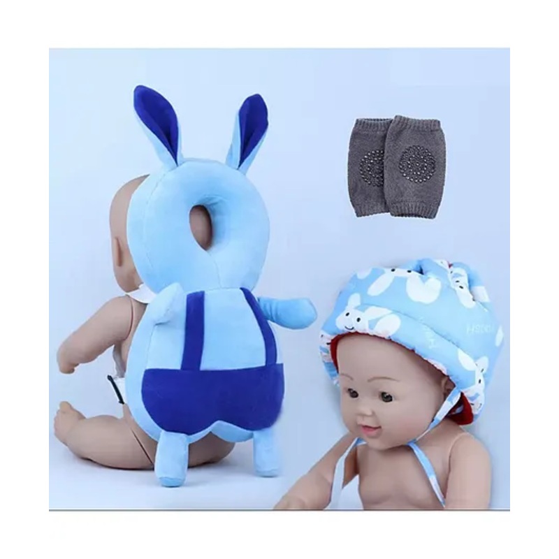 Numum Baby safety Combo of Baby Helmet and Baby Head Protector with knee pads (Blue Smiley Blue rabbit Head protector and Knee pads) (pack of 3)( color and design may vary)