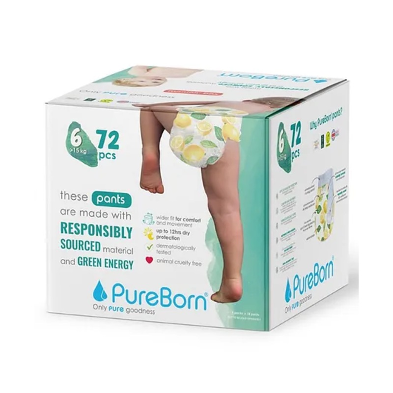 Pureborn Pull-Up Pants For Baby | Ultra Soft | Potty Training Pants | Dermatologically Tested | Size 6 (For 15+ kg), Pack Of 72