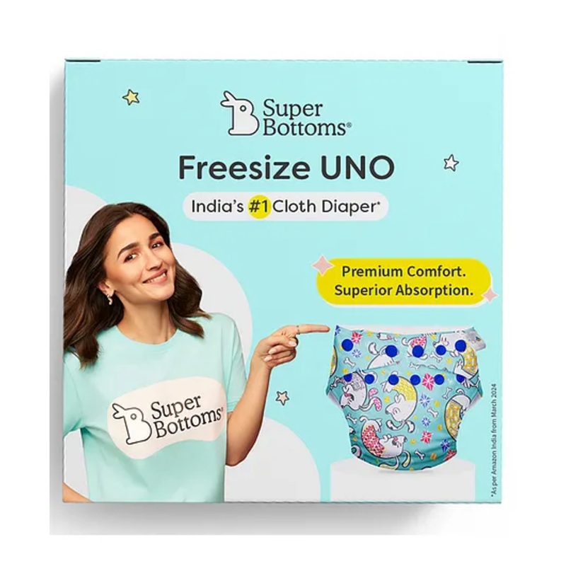 SuperBottoms Freesize UNO Cloth Diaper (3M – 3Y) Reusable with 1 Dry Feel Pad, Absorbs 4-5 Pees – Paw-sitively Happy