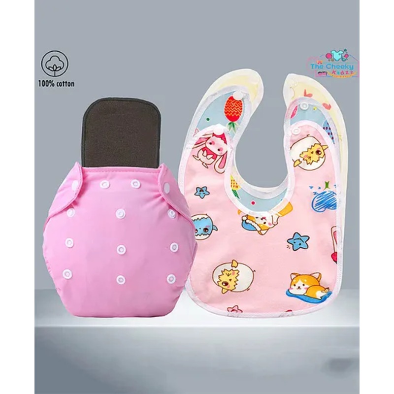 The Cheeky Kidzz Baby Essential Reusable Cotton Cloth Diaper With Bamboo Charcoal Insert With 3 Feeding Bib (Pink)