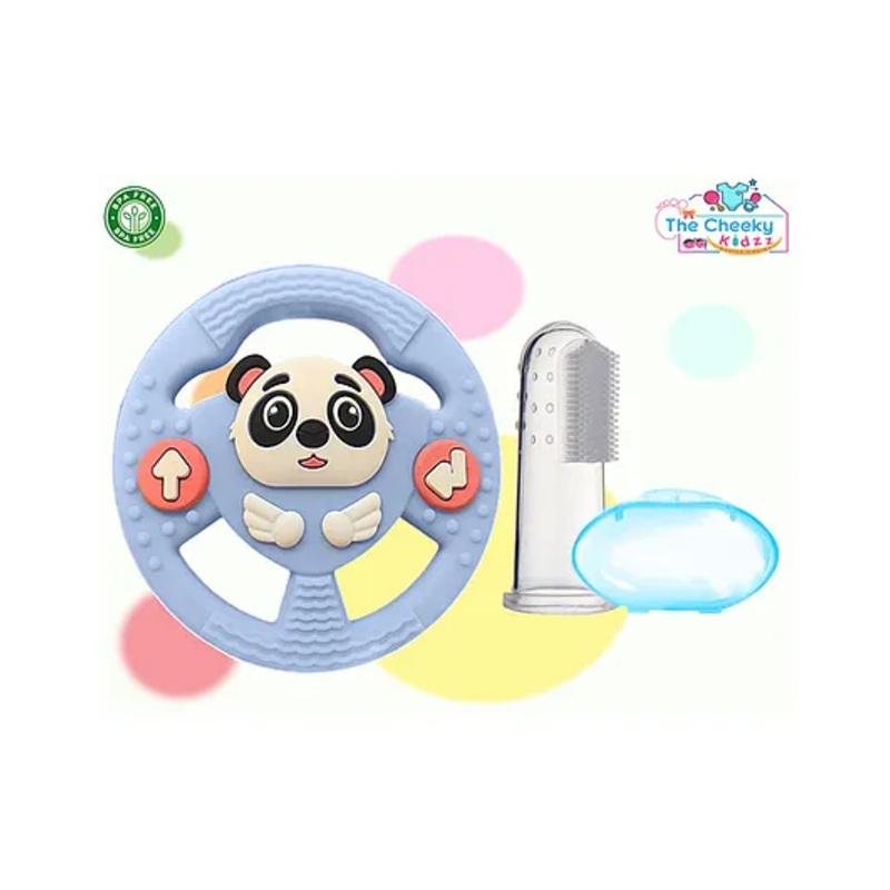The Cheeky Kidzz Baby Soft Silicone Bristles Finger Toothbrush With Panda Wheel Shape Teether Teething BPA Free (BLUE)