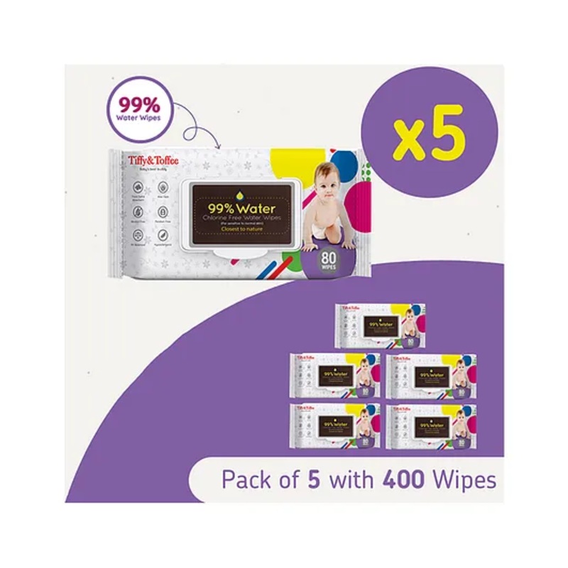 Tiffy & Toffee Premium Baby Skincare Wet Wipes With Aloe Vera Pack of 5 – 80 Pieces Each