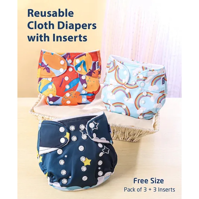 Zoe Free Size Reusable Cloth Diaper with Inserts Cloud Theme- Pack of 3