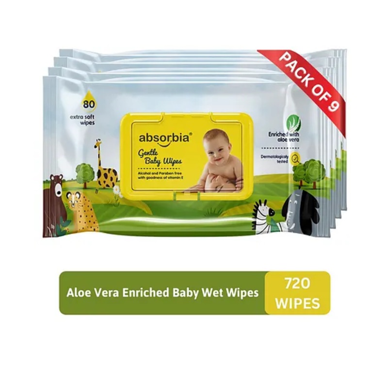 ABSORBIA Baby Wipes – With LID | Aloe Vera Extract | 720 Pieces | Pack of 9