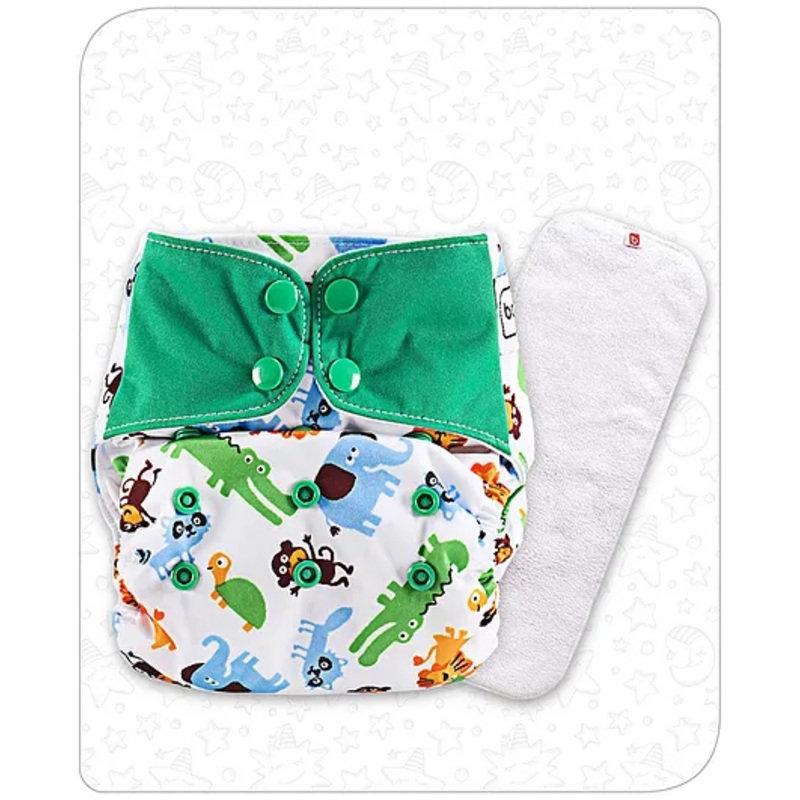 Babyhug Free Size Reusable Contrast Flap Closure Cloth Nappies With Insert Animal Print – White Green