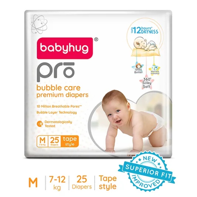 Babyhug Pro Bubble Care Premium Tape Style Diaper Medium – 25 Pieces – New & Improved Superior Fit
