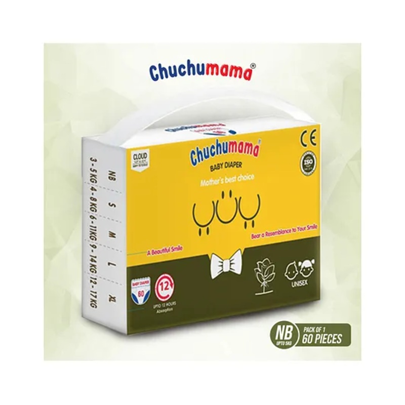 Chuchumama  Diapers Taped  Style (VELCRO) New Born (NB), 60 Count, 0-5 Kg, 12 hrs Absorption and Cottony Soft Material