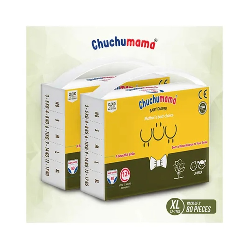 Chuchumama taped style (VELCRO) baby diaper, Extra large  (XL) Size Baby Diaper taped, 12- 17  kg, Combo Pack of 2, 40 count Per Pack, 80 count