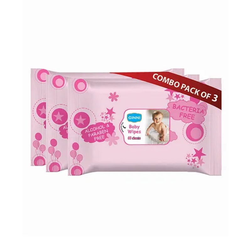 GINNI Baby Wipes Cleansing Wipes With Aloe Vera & Jojoba Oil – 60 Wipes per Pack (Pack of 3)