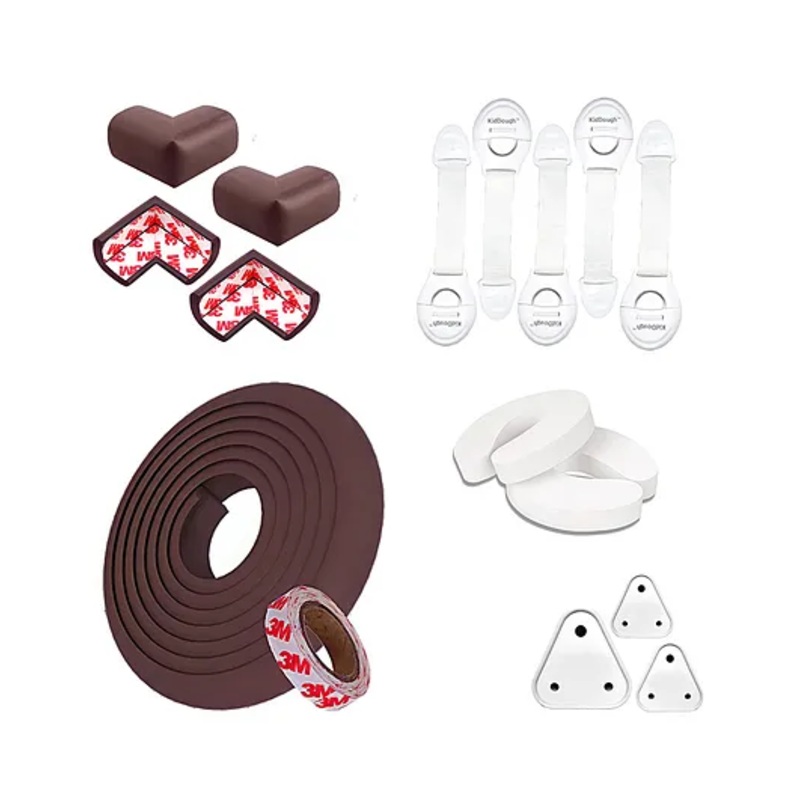 KidDough Baby Proofing Safety Kit 5 meters Safety Strip 4 Pre-Taped Corner Guards for Sharp Edges and Corners 5 Safety Locks for Cabinets Almirahs 3 Electric Sockets Guards 2 Random Door Stoppers – Brown