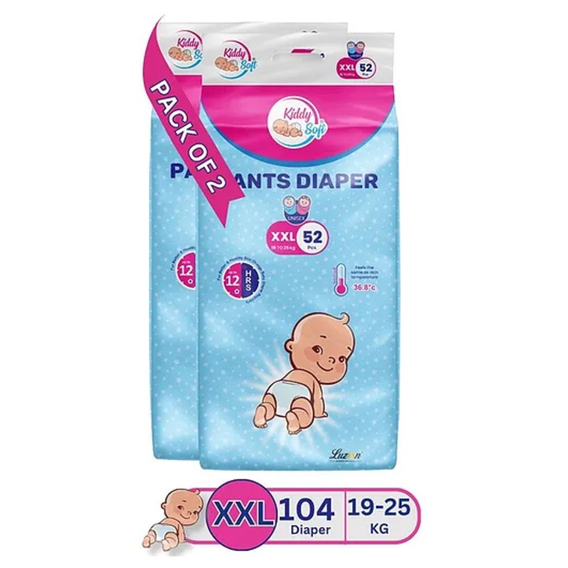 KiddySoft Baby Diaper Pants | Super Absorbent with Criss Cross Layer | Up to 12 Hours Protection | Softest Top Sheet | Comfortable Fit | XXL (19-25 KG) | Pack of 2 (104 Diapers )