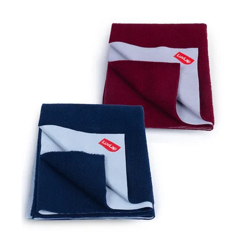 LuvLap Instadry Anti-Piling Fleece Quick Dry Baby Bed Protector Sheet, Waterproof, 70x50cm, Pack of 2, Maroon & Navy Blue