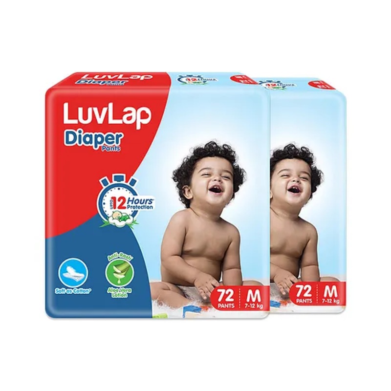 LuvLap Pant Style Baby Diapers, Medium (MD), Pack of 2, 144 Pants, Aloe Vera Lotion, 12hr Protection, White