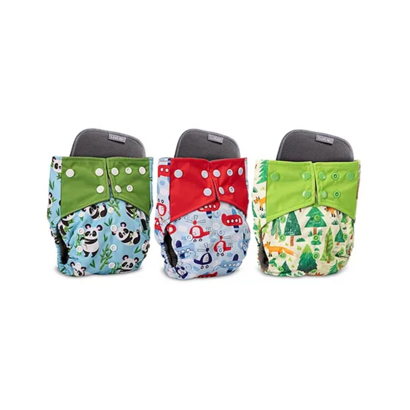 LuvLap Reusable Baby Cloth Diapers Combo Pack of 3, Includes White & Green, Blue Panda, Blue Ships Prints, Double Leak Guard, High Absorption, Stain-Proof Comfort, For 3+ Months