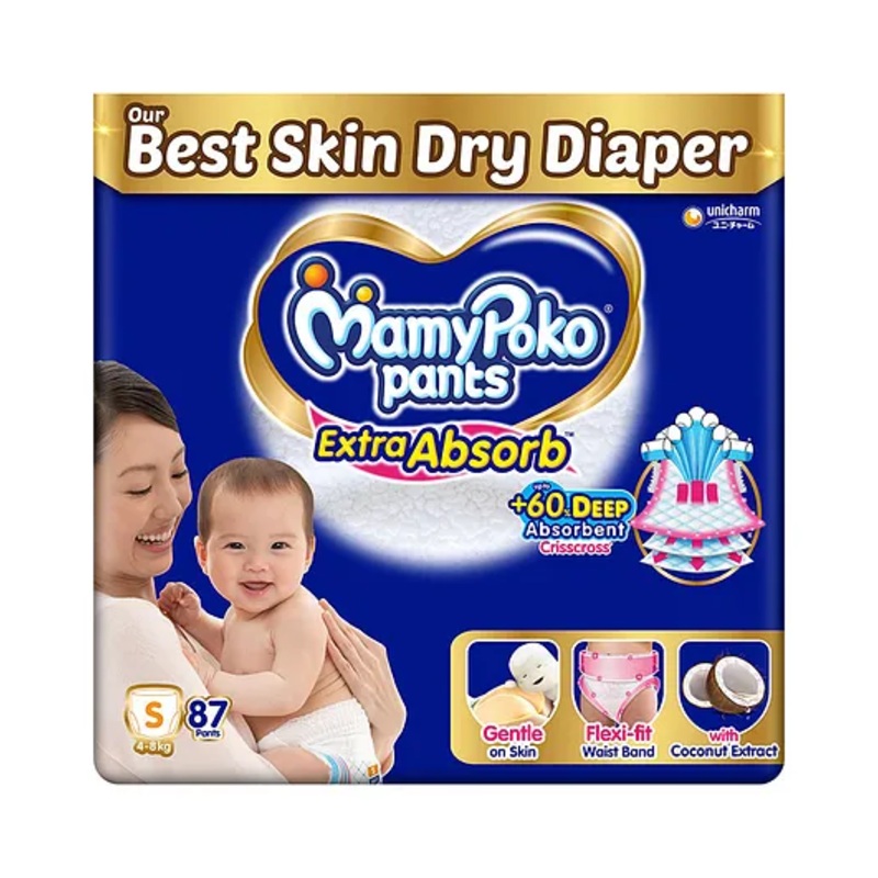 MamyPoko Pants Extra Absorb Baby Diapers, Small (S size) | 4-8 kg | 87 Count |Deep Sleep Diapers| Soft gentle fit |Deep Absorbent Crisscross | skin friendly with coconut oil |