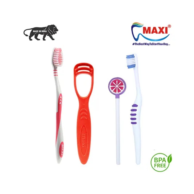 Maxi Mommy And Baby Oval Grip Toothbrush & Tongue Cleaner Oral Care Combo – Multicolor