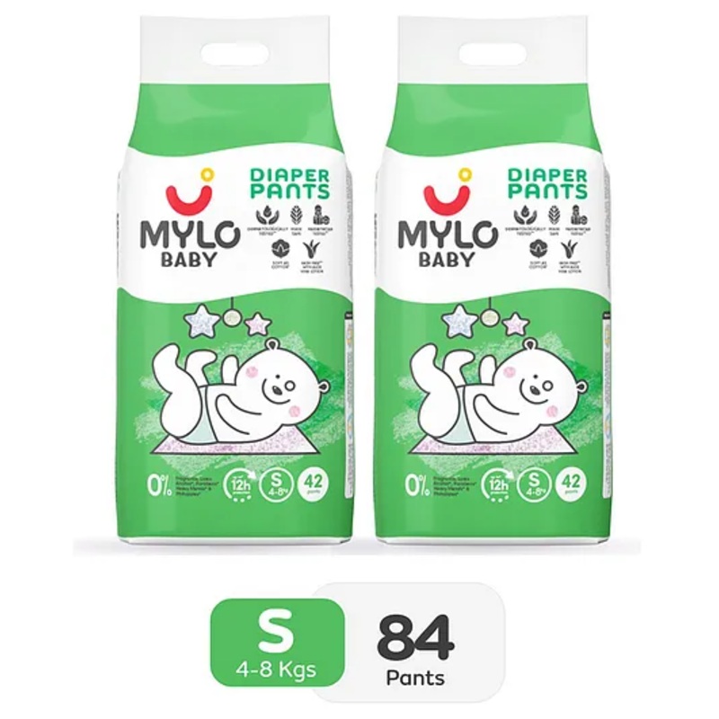 Mylo Baby Diaper Pants Small S Size 4-8 kgs with ADL Technology – 84 Count – 12 Hours Protection