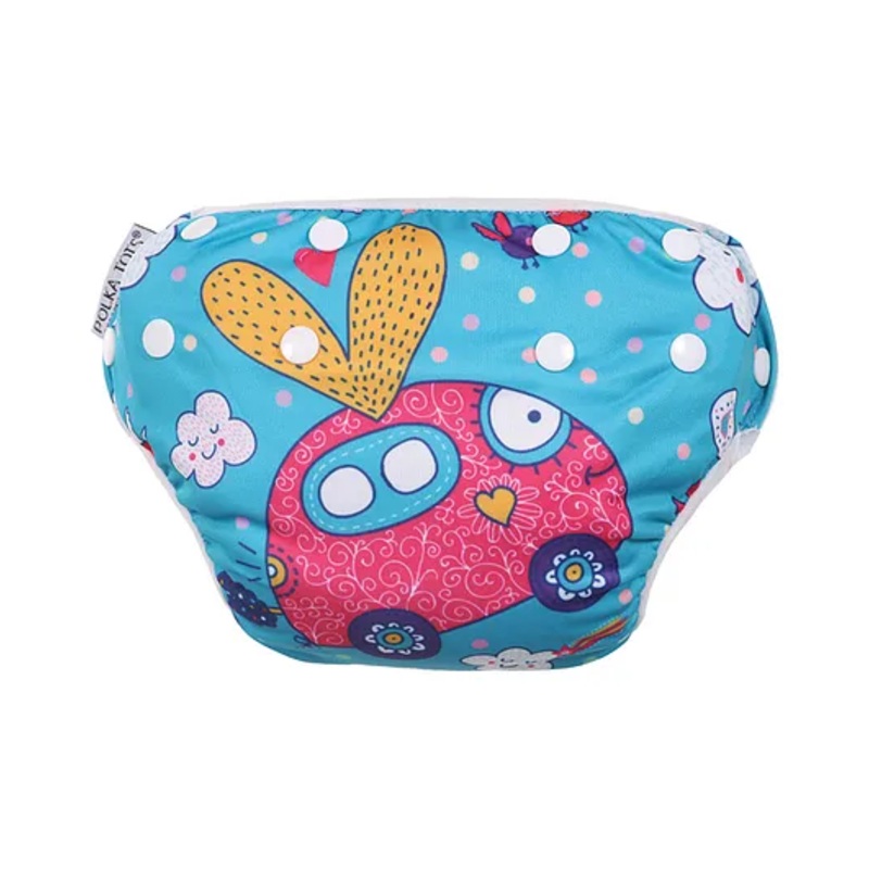 Polka Tots Reusable and Washable Baby Swim Diaper Costume With Size Adjustable Car Design for 2 to 12 Months Kids – Blue