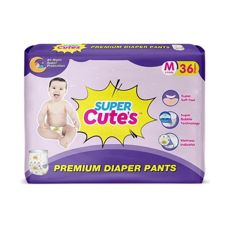 Super Cute’s Premium Diaper Pants Medium Size With Wetness Indicator Bubble Technology & Overnight Leakage Protection Super Soft Diapers with Perfect Fit – 36 Pieces