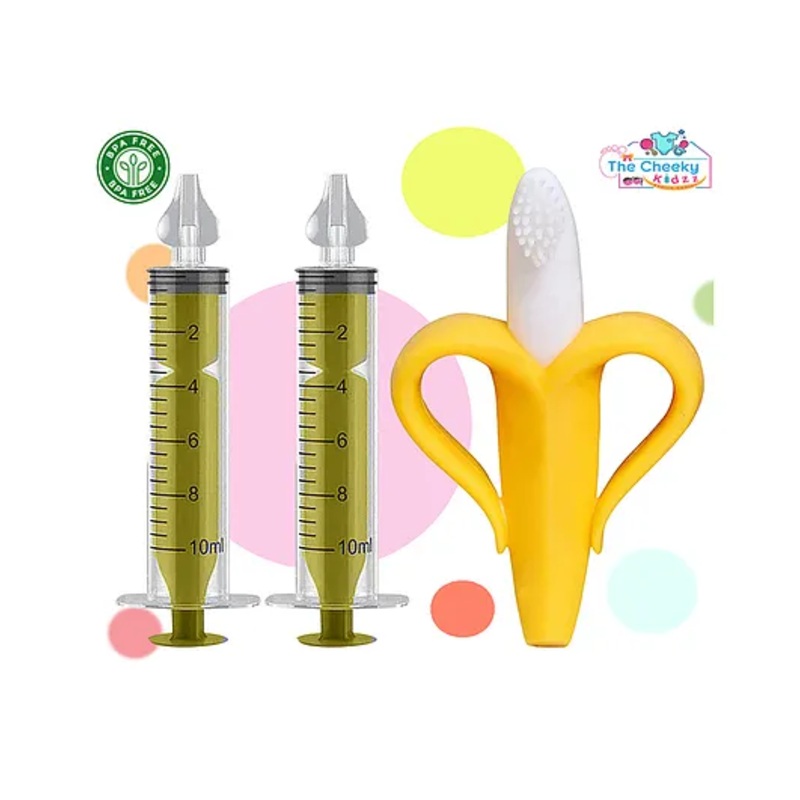 The Cheeky Kidzz Baby 2 Pressure Nasal Syringe Nose Suction With 1 Soft Silicone Bristles Banana Teether BPA Free (YELLOW)