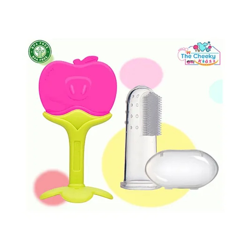 The Cheeky Kidzz Baby Soft Silicone Bristles Finger Toothbrush With Fruit Shape Standing Teether Teething BPA Free (PINK)