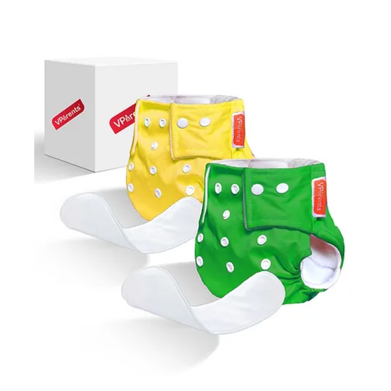 VParents Solid Washable Baby Cloth Diaper Reusable Adjustable Size Waterproof Pocket Cloth Diaper Nappie With Insert Pack of 2 – Green & Yellow