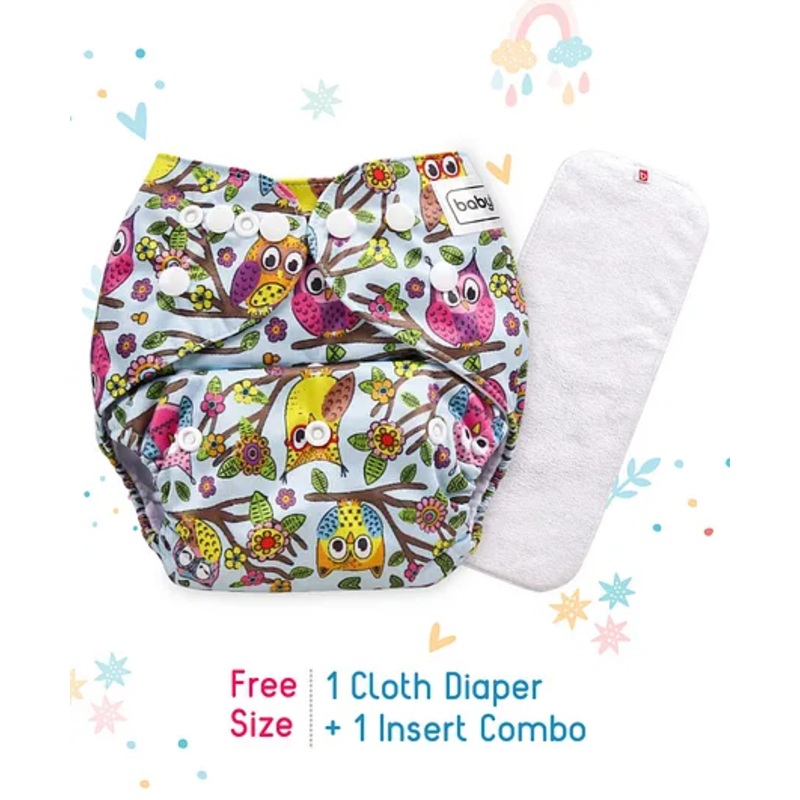 Babyhug Free Size Reusable Cloth Diaper With Insert Owl Print – Blue