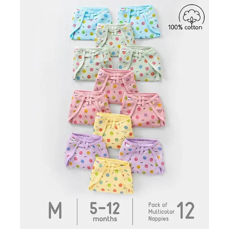 Babyhug Muslin Cotton Cloth Nappies Smiley Print Medium Pack Of 12- Multicolor