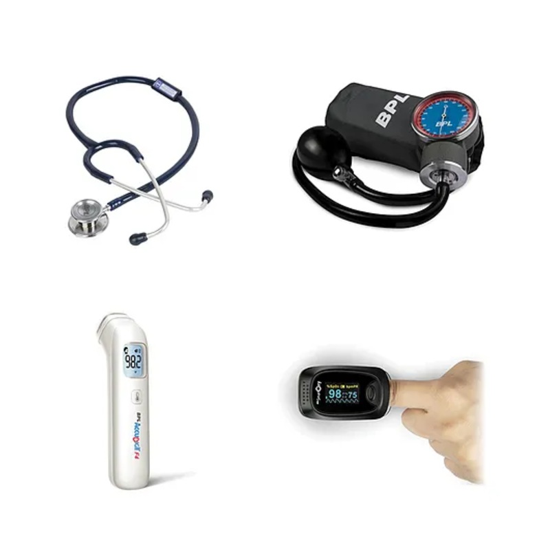 BPL Medical Technologies Adult Health Combo – Aneroid Sphygmomanometer + ST-03 Brass Dual Chest Piece Stethoscope + Smart Oxy Oximeter + Accu Digit Infrared F4 Thermometer