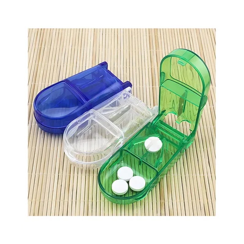 COZY VIBES transparent Medicine Pill Case Tablet Cutter Splitter Divide Safe Storage Compartment Box, Cuts Pills, Vitamins, Tablets, Stainless Steel Blade, Travel Sized – PACK OF 1  – COLOR MAY VARY