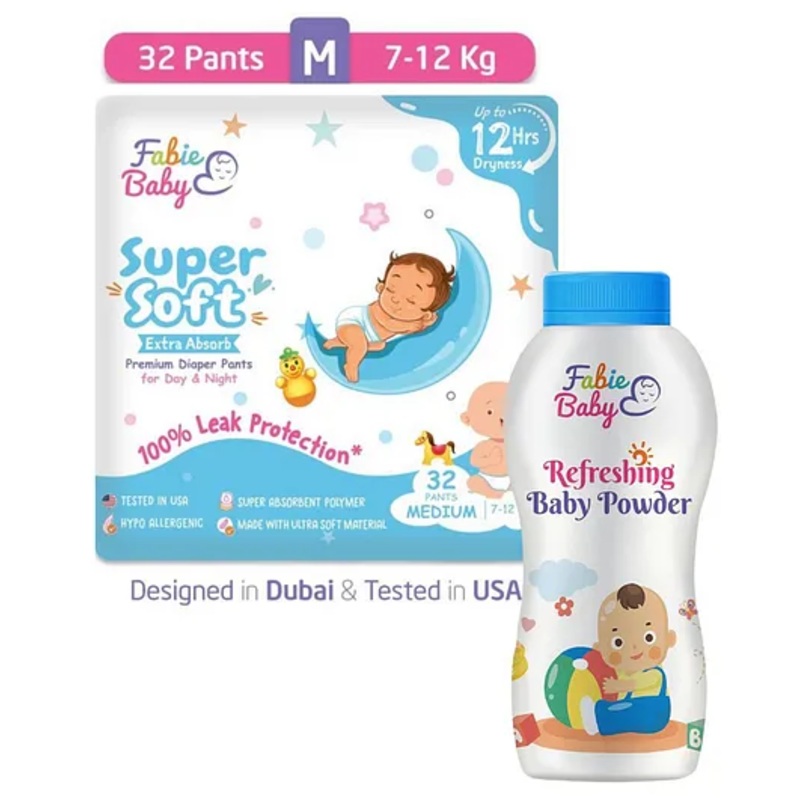 Fabie Baby Medium Diaper (32Pcs) with Baby Powder (50g) Combo – Pack of 2