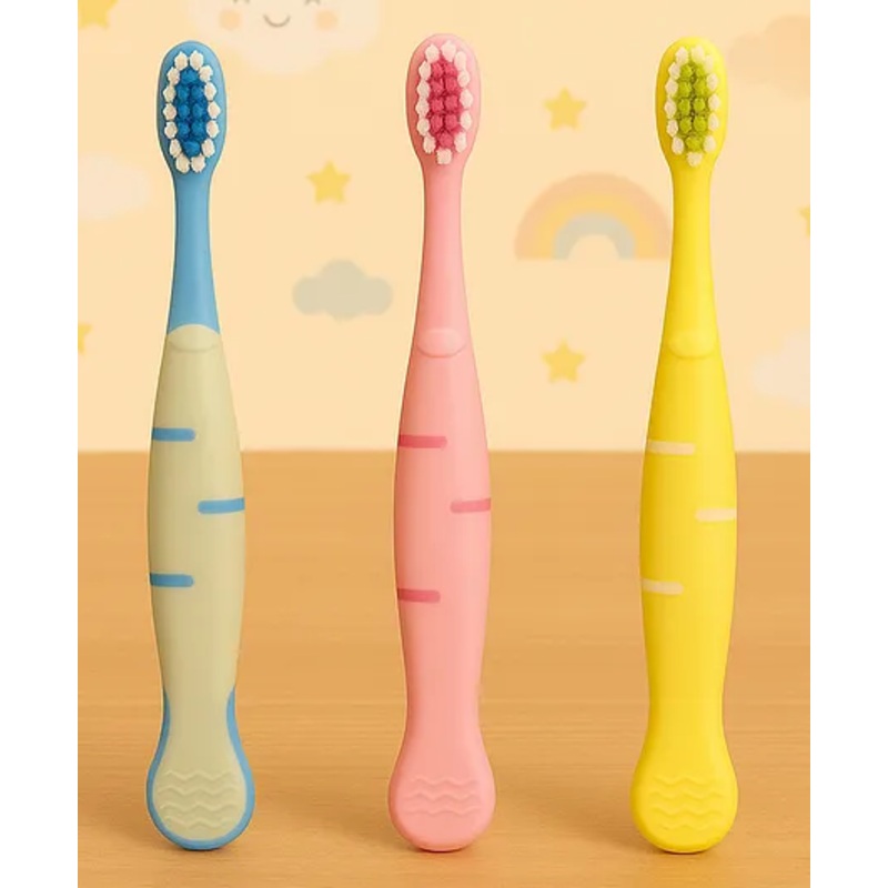 KIDS BASIC Cute Handle Soft Bristle With Tongue Scrapper Kids Toothbrush – Blue, Pink & Yellow (Pack of 3)