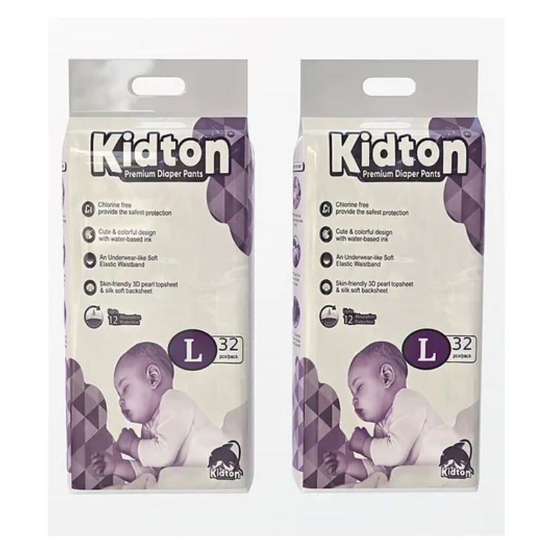 KIDTON baby Pants, Large (L) Size Baby Diaper Pants, 9 – 14 kg, Combo Pack of 2, 32 count Per Pack, 64 count, with Bubble Bed Technology for comfort