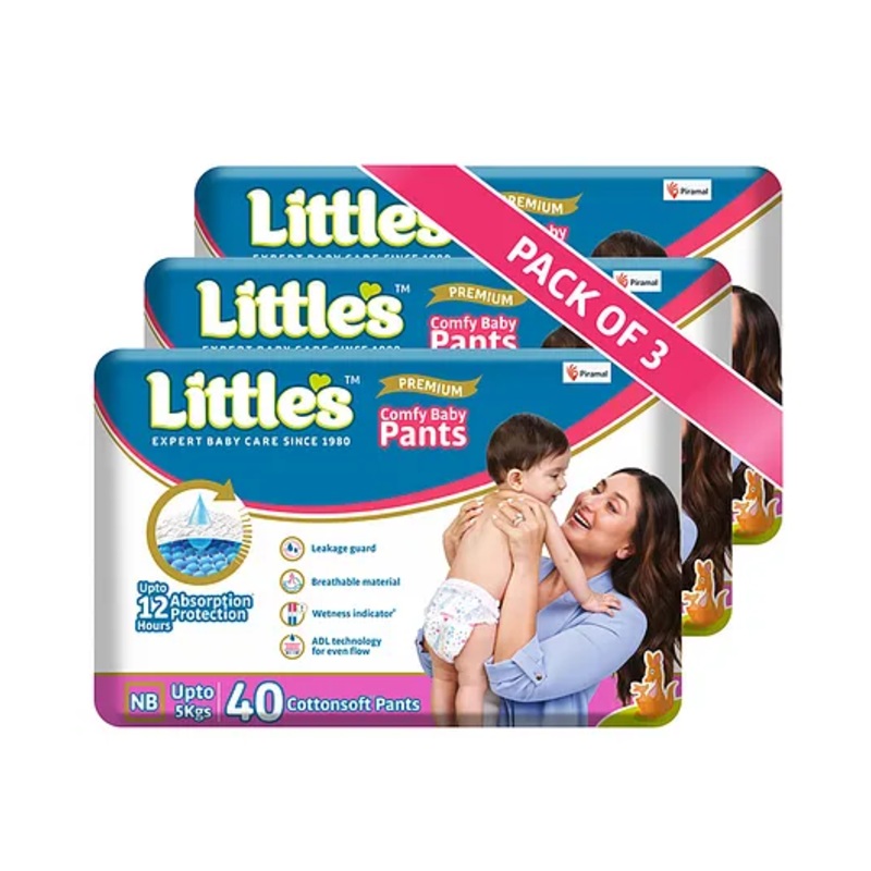 Little’s New Born Baby Diaper Pants Style (NB) | Upto 5 kg | 120 Count – Pack of 3 | CottonSoft Baby Diapers with Leakage Guard, Wetness Indicator & 12 Hours Absorption