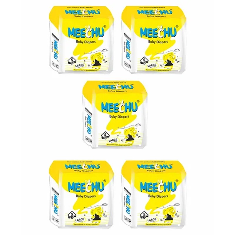 Meechu Taped Style Diapers Large (pack of 5)- Cottony Soft Absorb Technology Leakage Protection – 25 Pieces