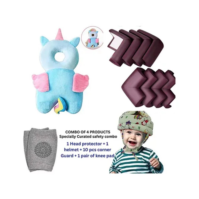 Neonate Care Baby Helmet(green jungle helmet) Baby Head Protection Cushion Backpack(unicorn head protector)With Knee pad(multicolor) and 10 pcs corner guards (pack of 4 utility items)