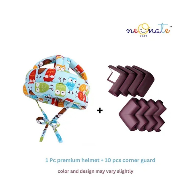 NeonateCare Baby Helmet for head protection (blue owl helmet) and 10 pcs corner guards