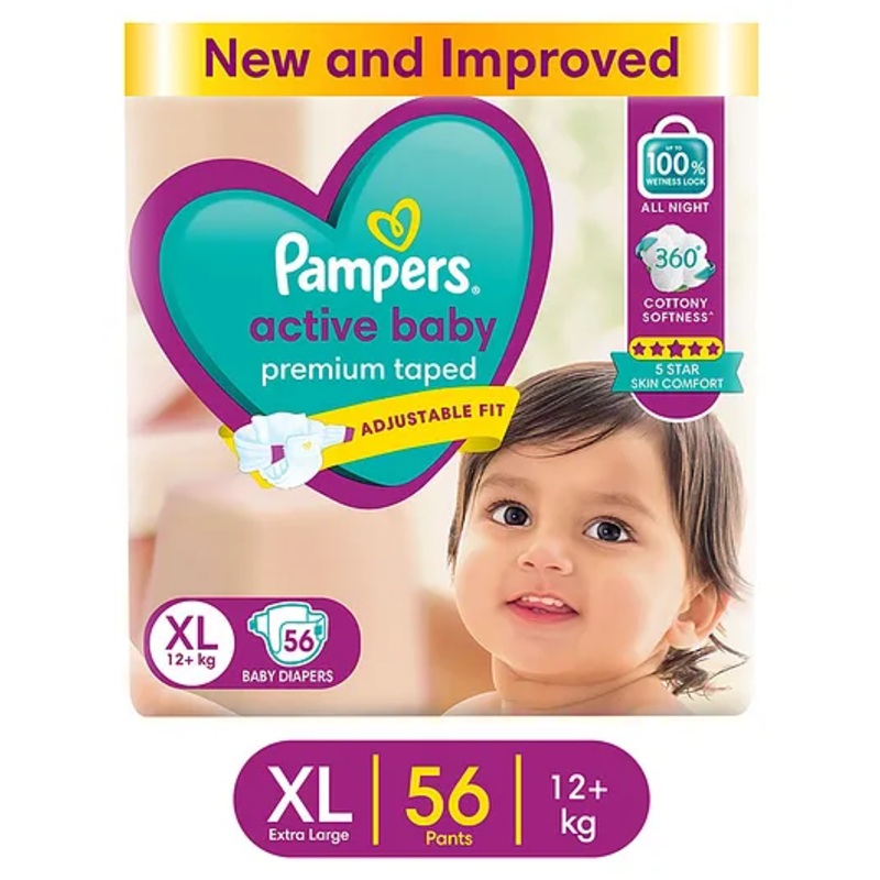 Pampers Active Baby Taped Diapers, Extra Large size diapers, (XL) 56 count, taped style custom fit