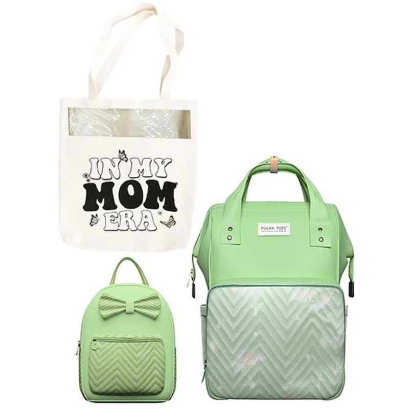 Polka Tots MamaMini Multifuntional Luxe Duo Diaper Bag For Parent & Kid Backpack With a Tote Bag Packaging – Green