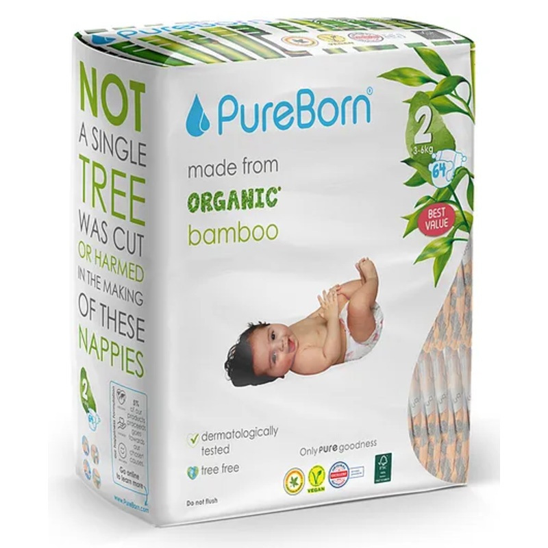 PureBorn Organic Disposable Baby Diapers I Super Soft I Maximum Leakage Protection I Made with Organic Bamboo I Double (Pack Of 64 Pcs), Size 2 (3-6 Kg)