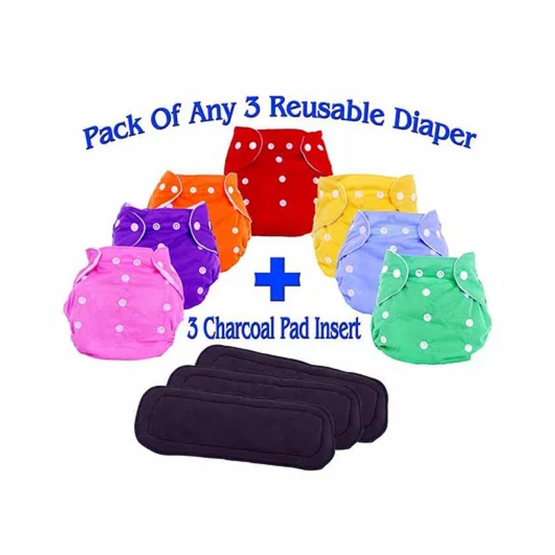 The Little Lookers Adjustable Cotton Diaper With Charcoal Pad Insert Pack Of 3 ( Colour May Vary)