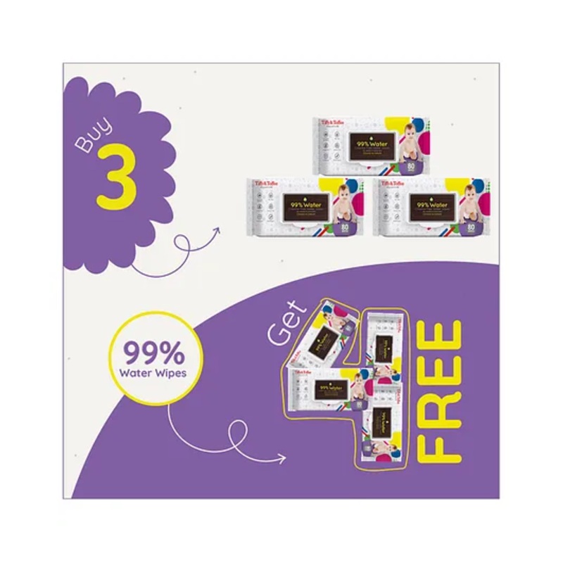 Tiffy & Toffee Premium Baby Skincare Wet Wipes With Aloe Vera Paraben Free Super Saver Pack ( Buy 3 Get 4 Free ) – 80 Pieces Each