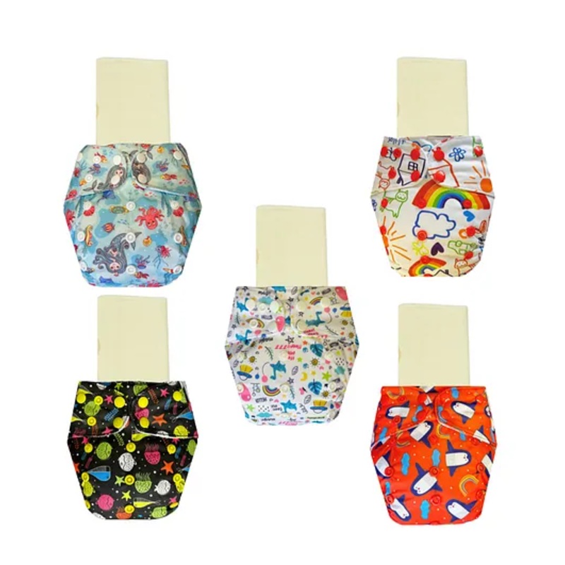 Dumbledo Cloth Diaper Eco-Friendly Reusable Adjustable Free Size Leak Proof Quick Dry Unisex With Insert Pack of 5 – Multicolor