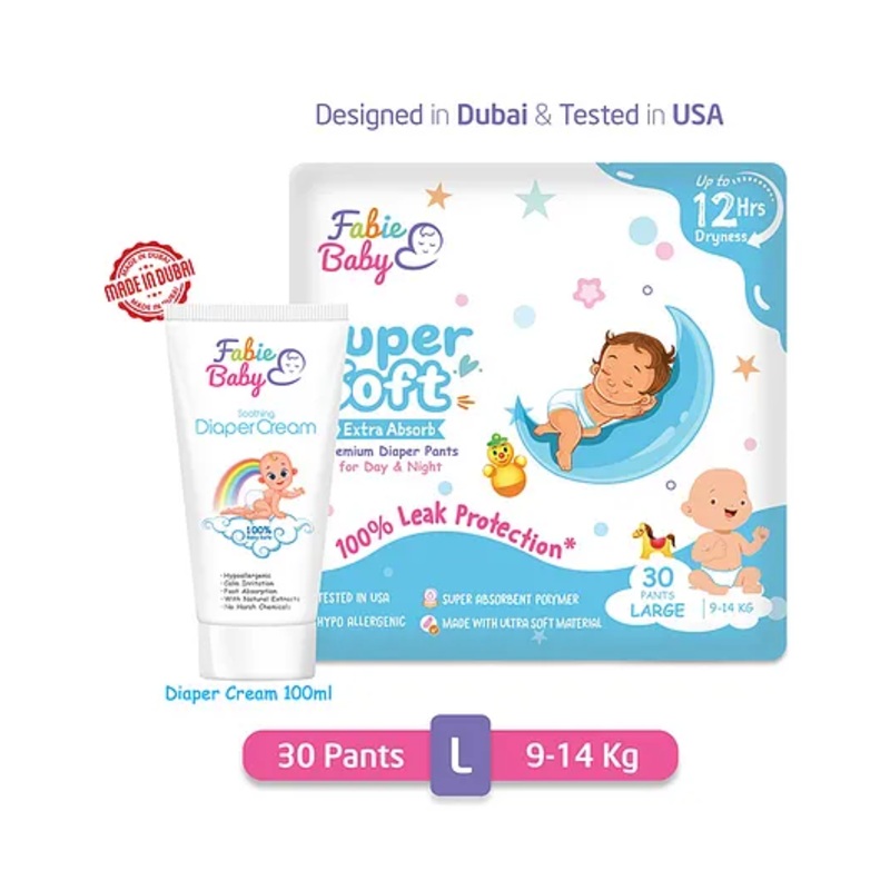 Fabie Baby Premium 12 Hrs Protection Diaper Pants Large (30Pcs) & Diaper Cream (50ml) Combo – Pack of 2